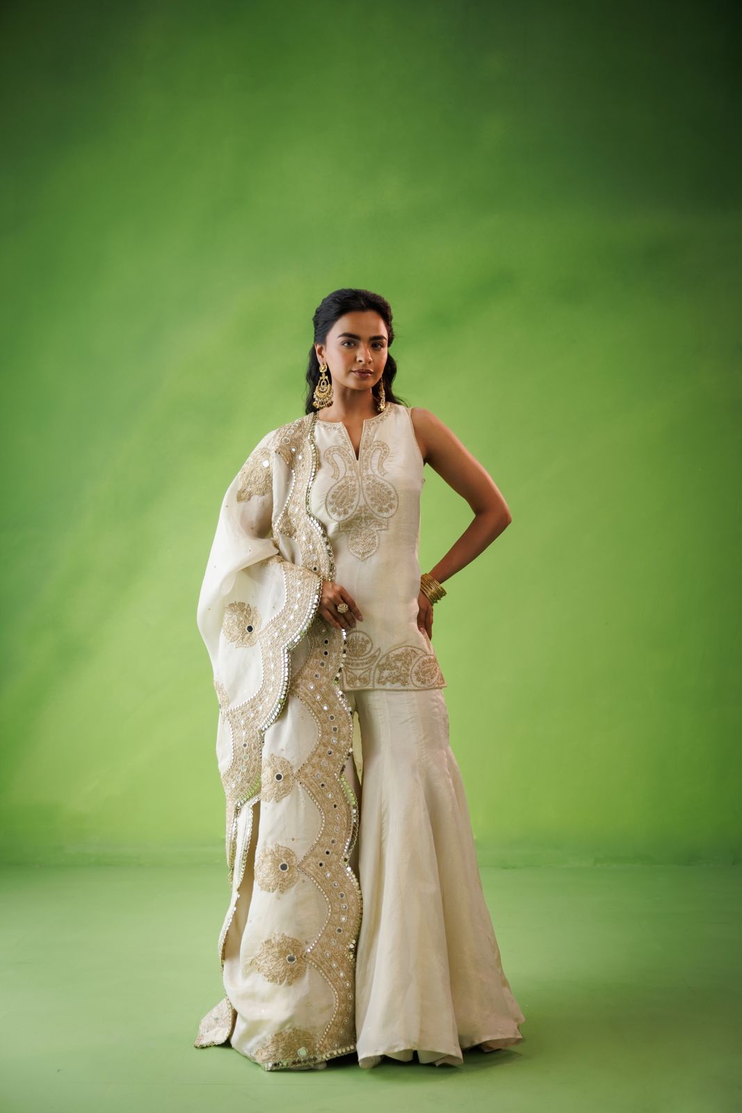 Beige tissue flared sharara set