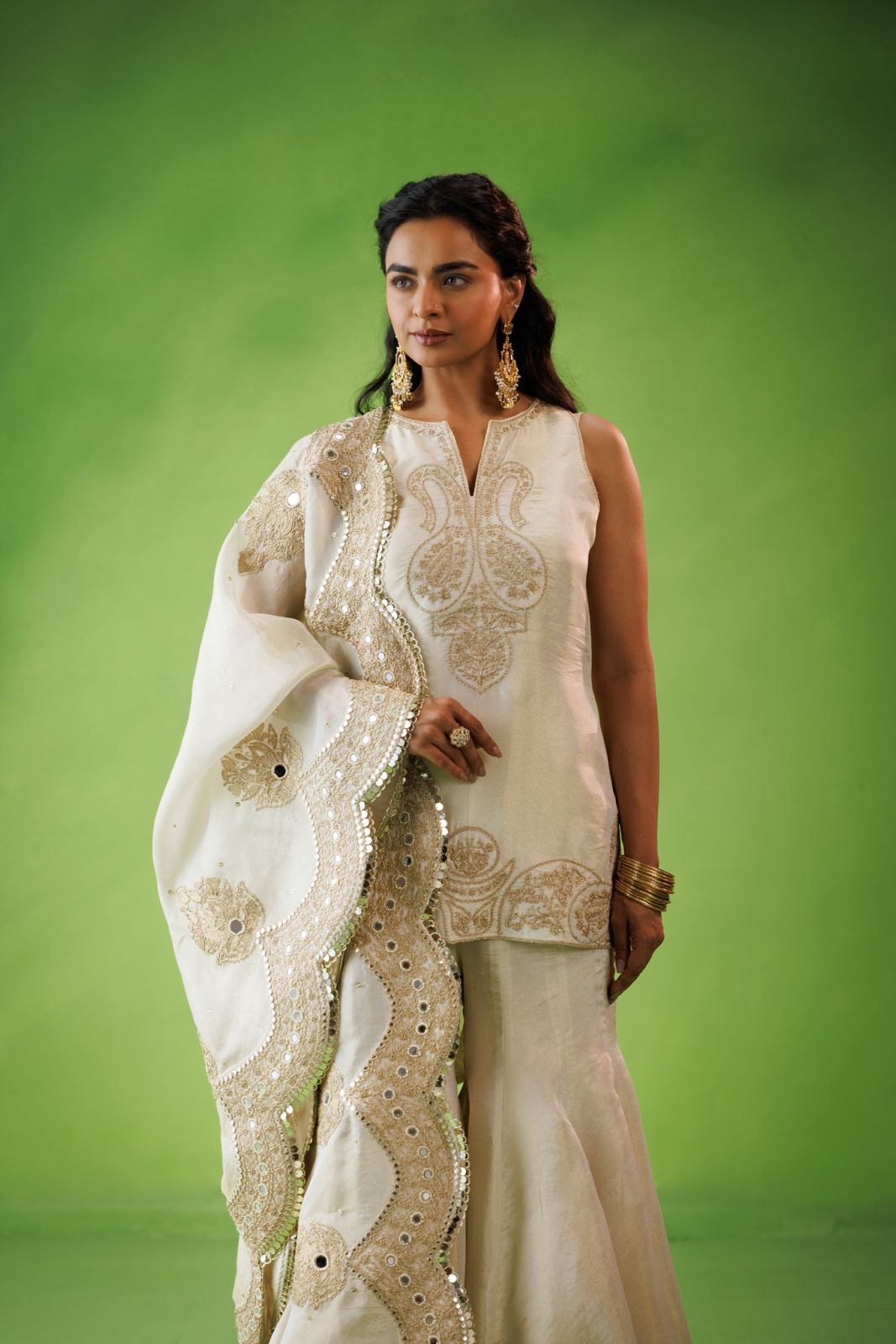 Beige tissue flared sharara set