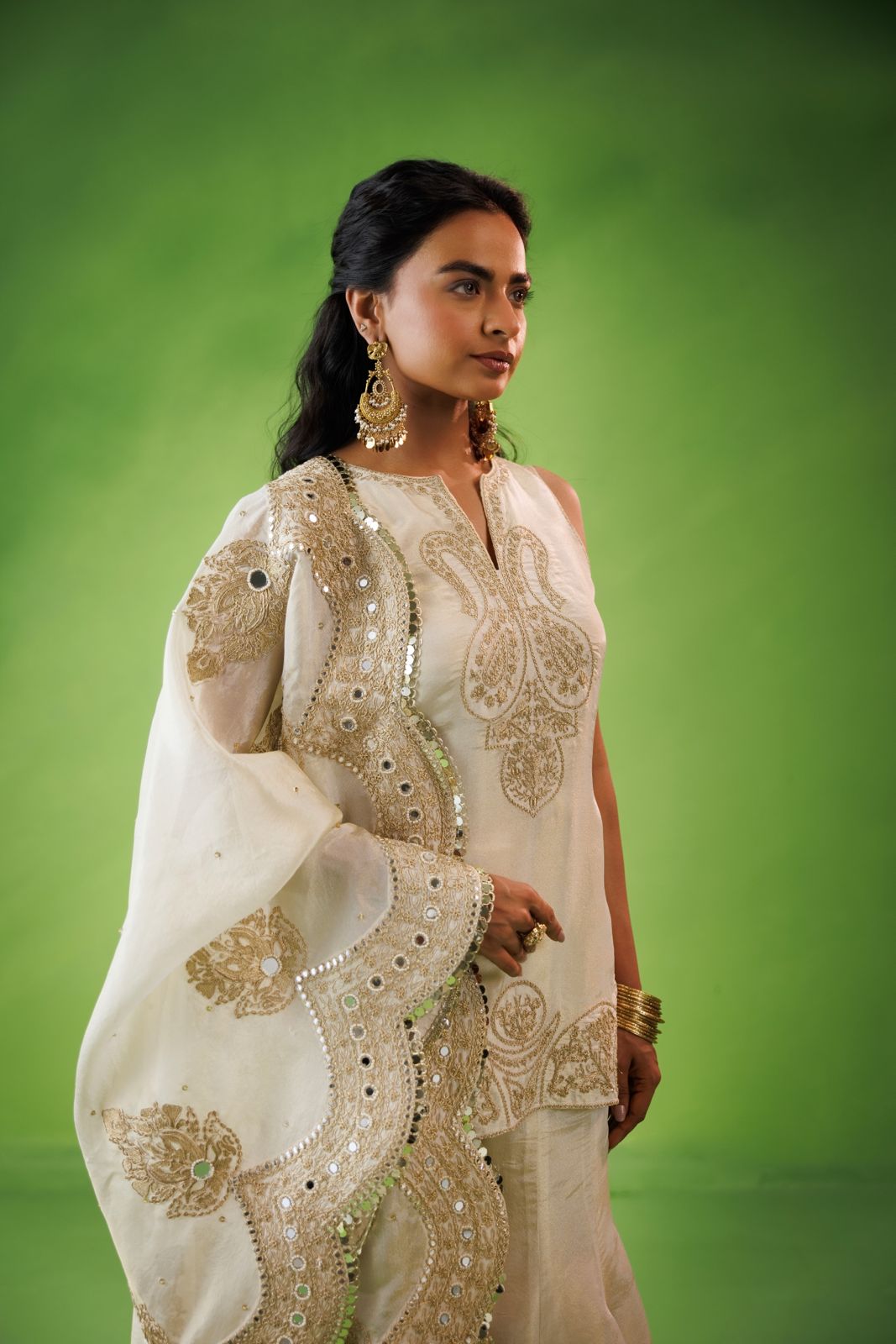 Beige tissue flared sharara set