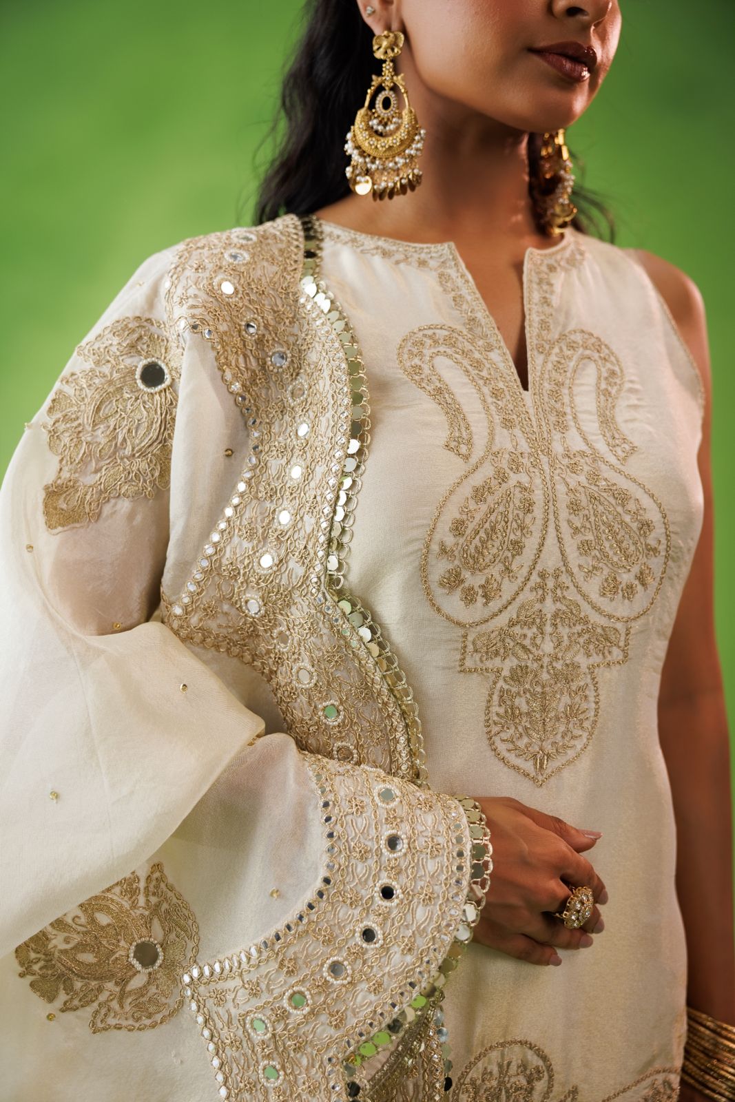Beige tissue flared sharara set