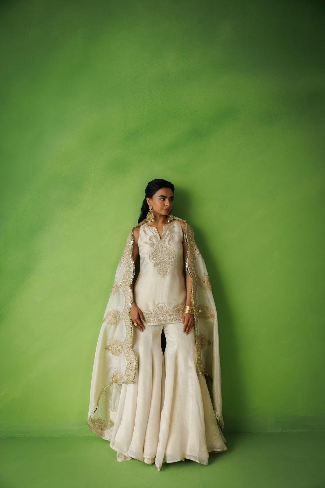 Beige tissue flared sharara set