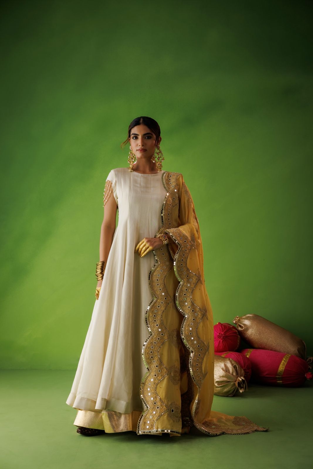 Beige Tissue Anarkali With Yellow Dupatta
