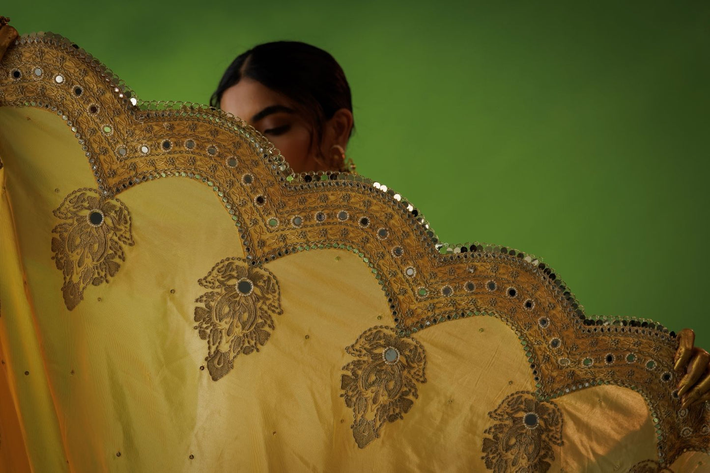 Beige Tissue Anarkali With Yellow Dupatta