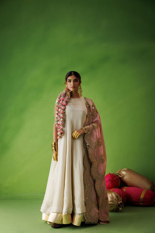 Beige Tissue Anarkali With Pink Dupatta