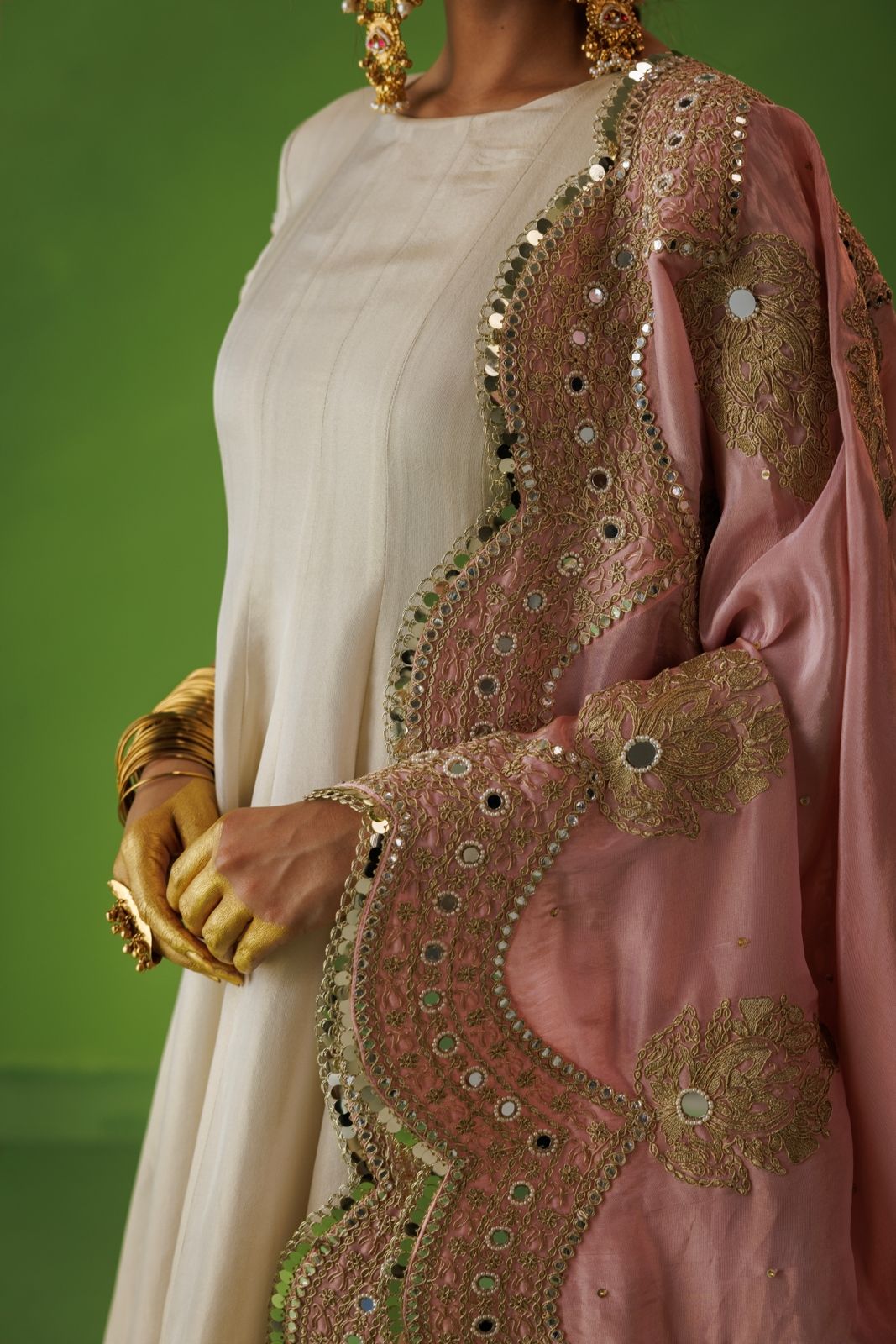 Beige Tissue Anarkali With Pink Dupatta