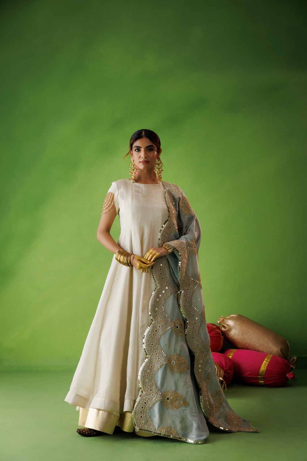 Beige Tissue Anarkali With Blue Dupatta