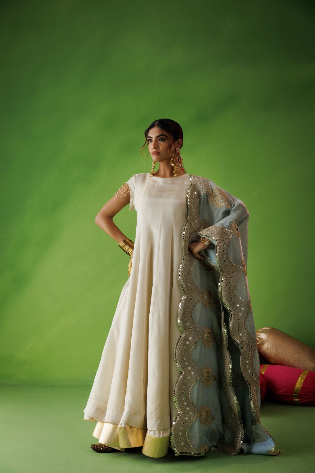 Beige Tissue Anarkali With Blue Dupatta