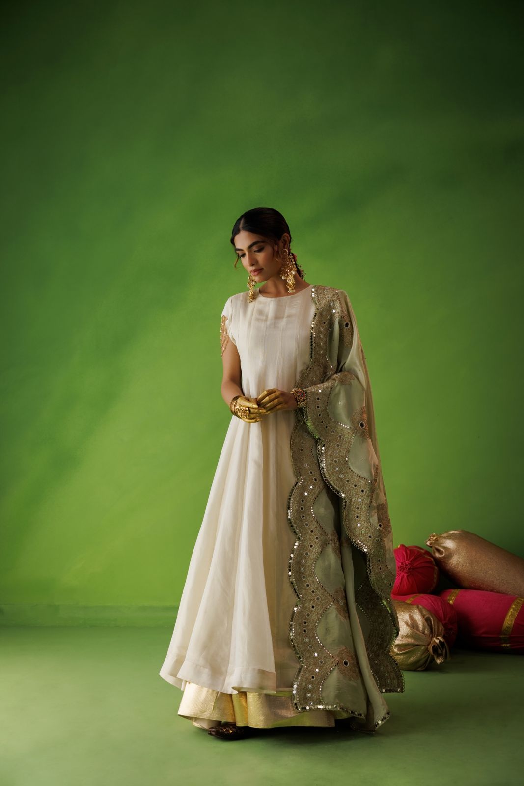 Beige Tissue Anarkali With Pastel Olive Dupatta