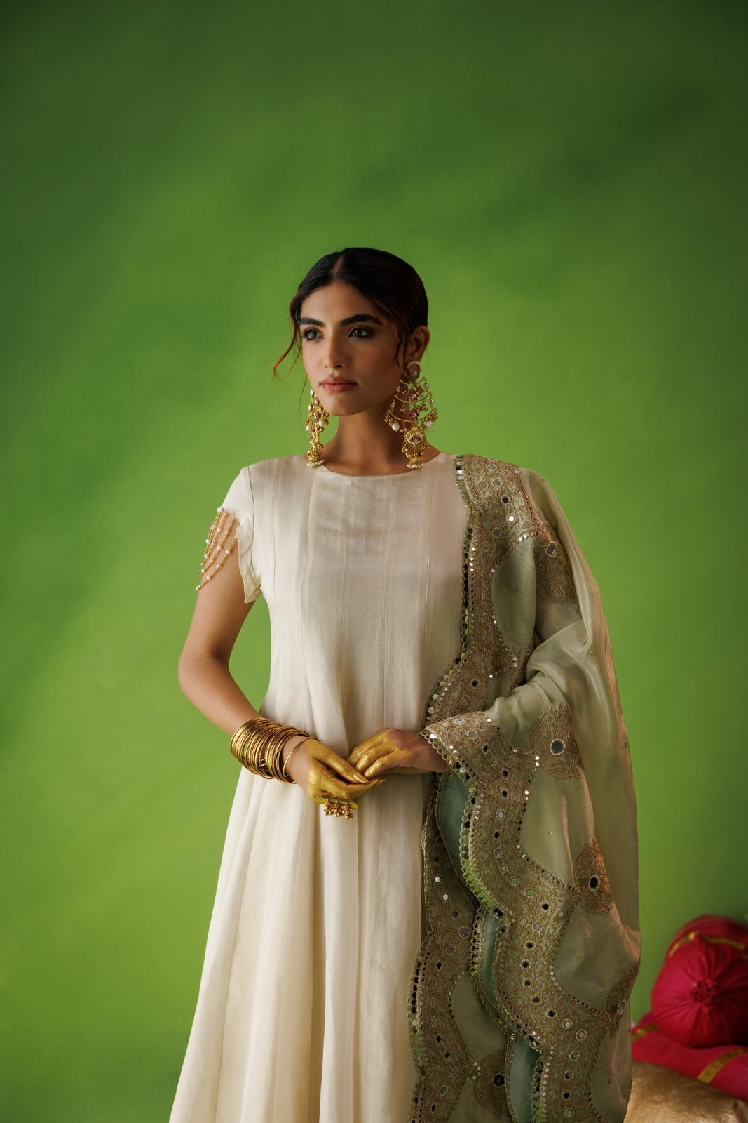 Beige Tissue Anarkali With Pastel Olive Dupatta