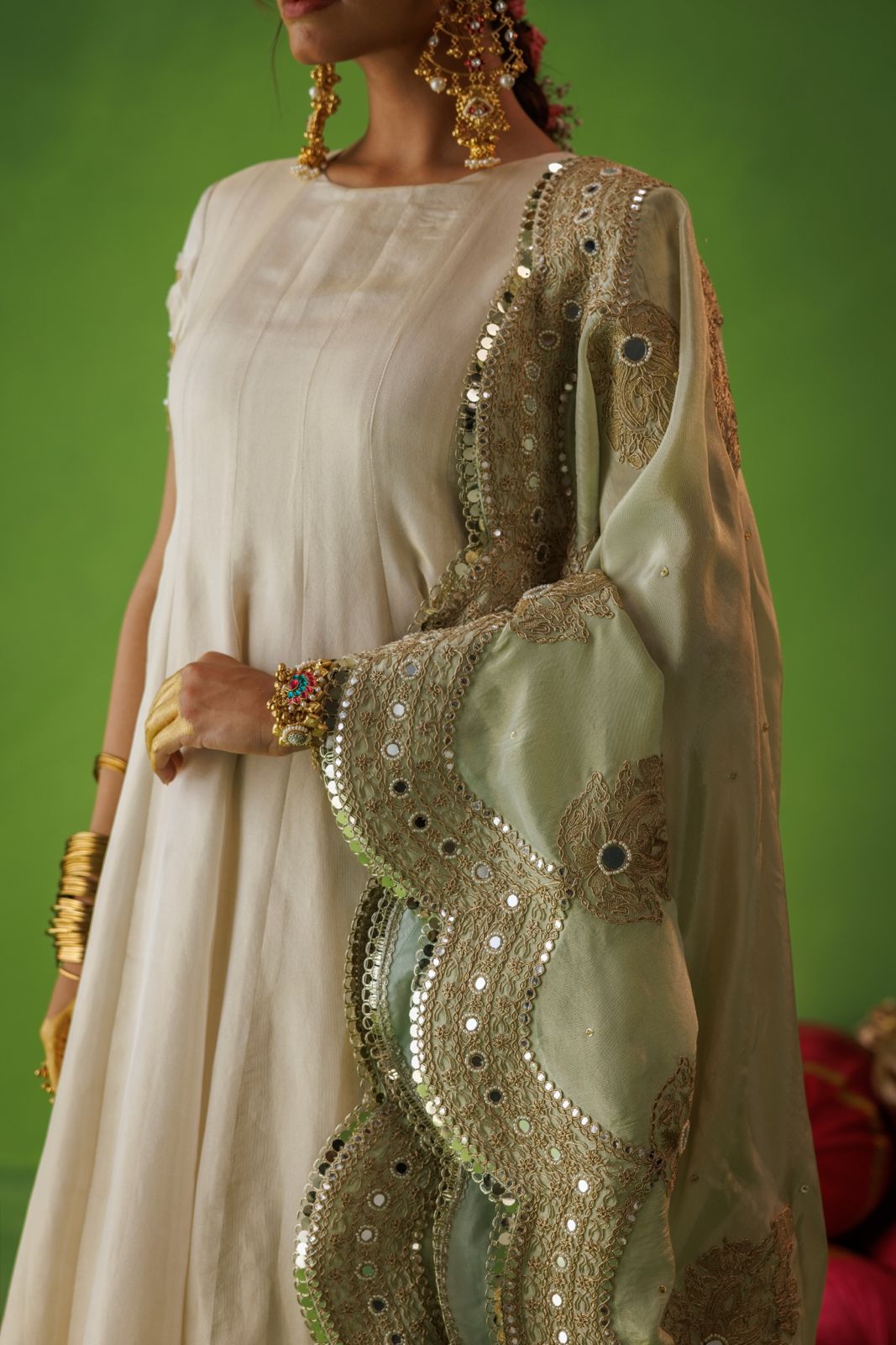 Beige Tissue Anarkali With Pastel Olive Dupatta