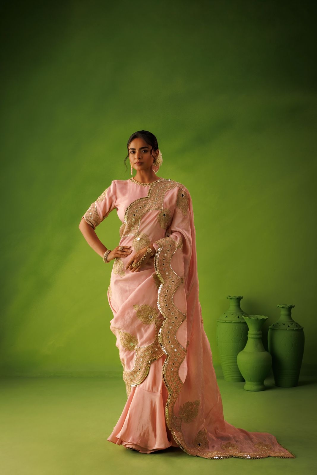 Pink Scallop Tissue Saree