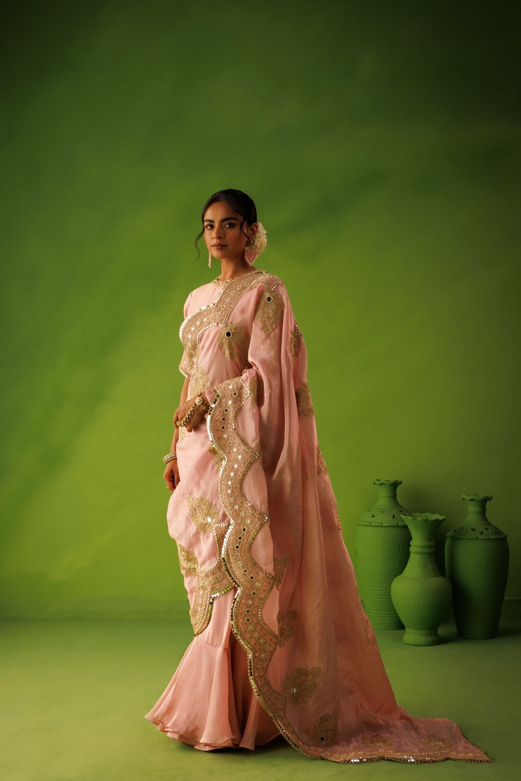 Pink Scallop Tissue Saree