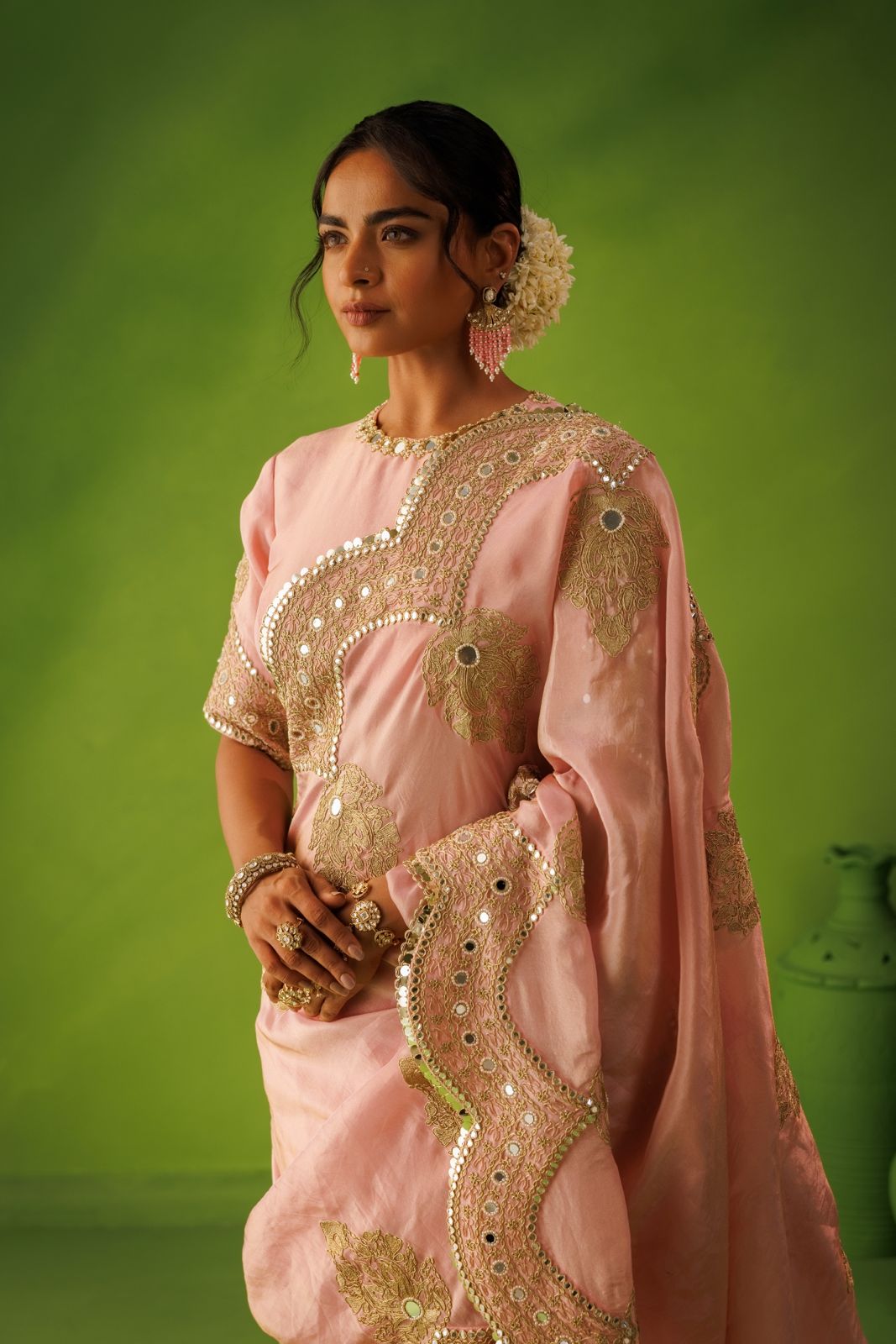 Pink Scallop Tissue Saree