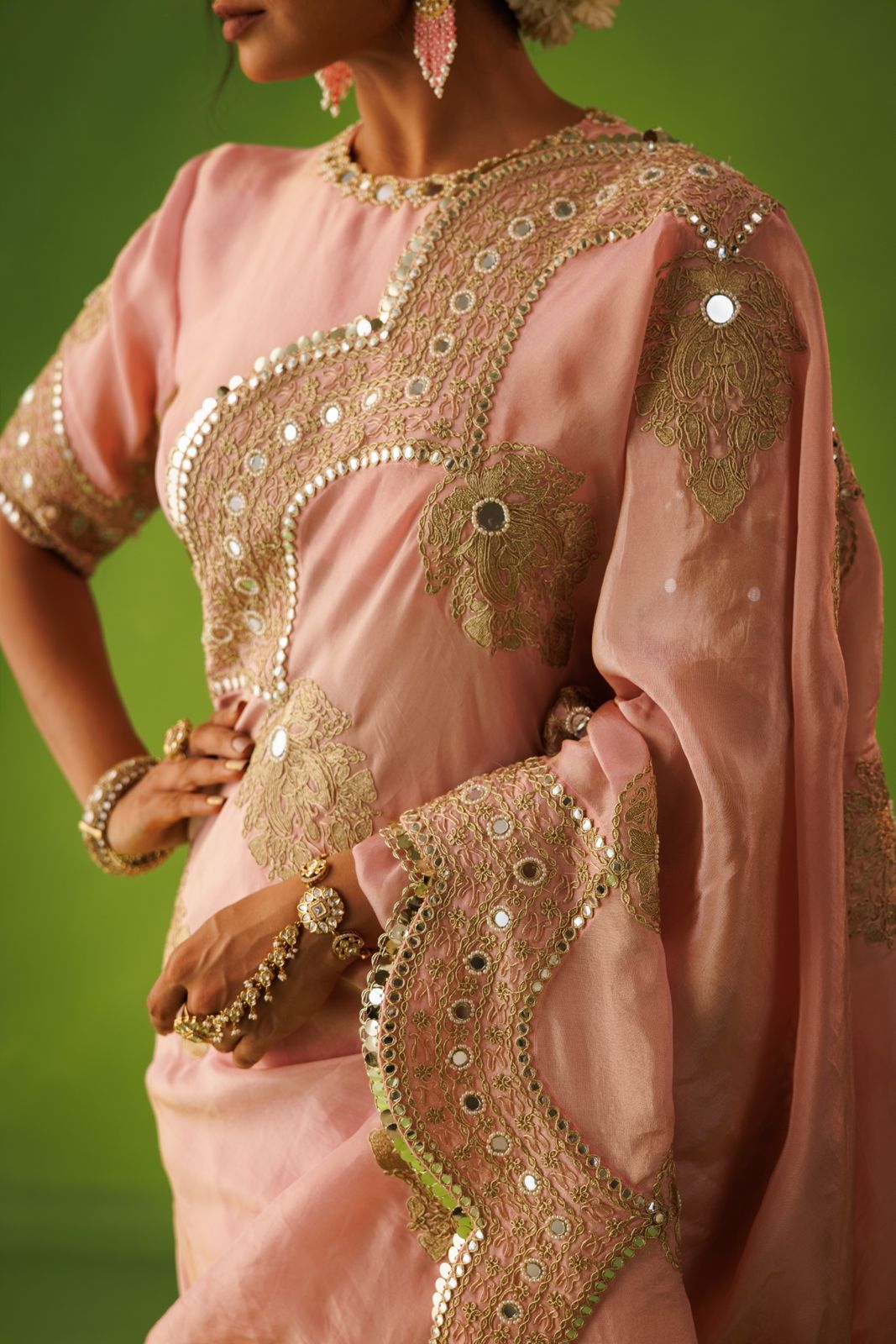 Pink Scallop Tissue Saree