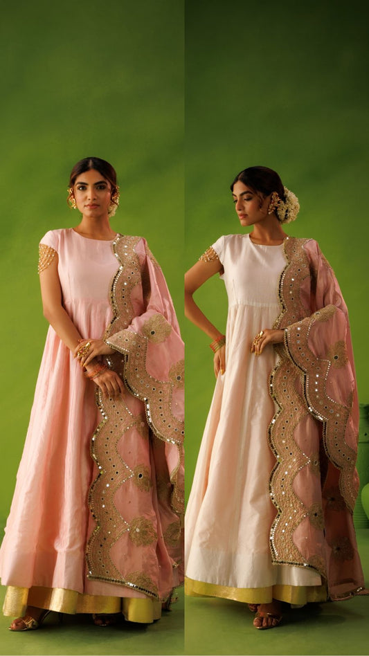 Ivory and Baby Pink Reversable Anarkali Set