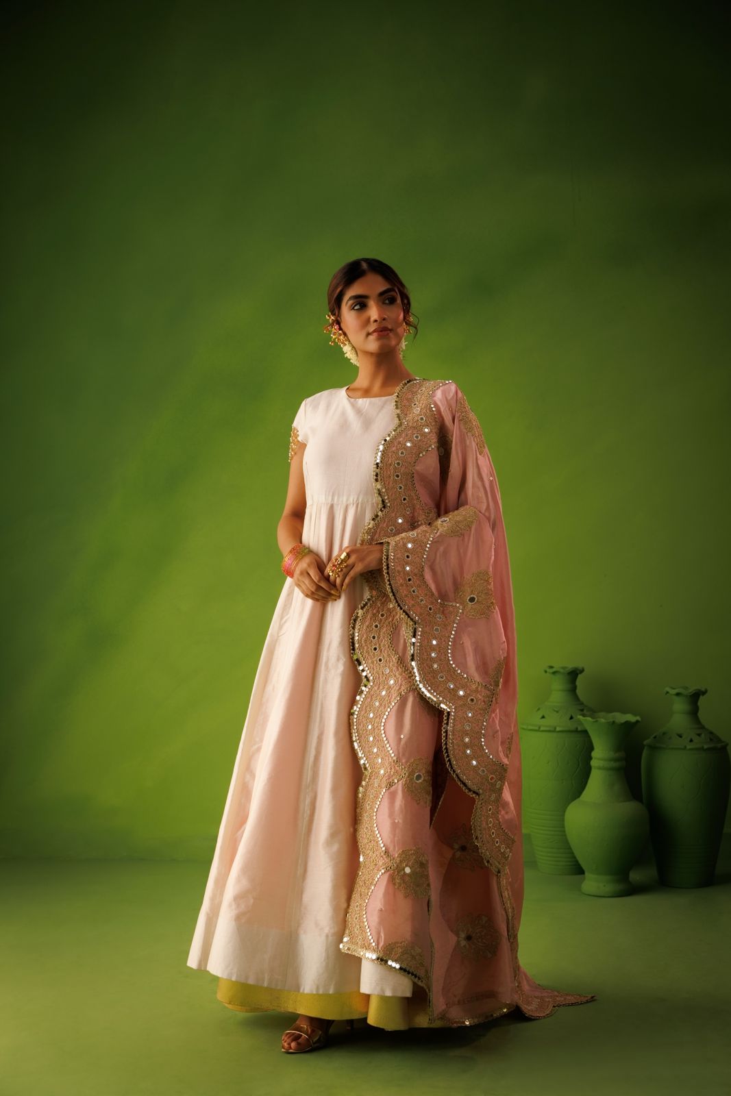 Ivory and Baby Pink Reversable Anarkali Set