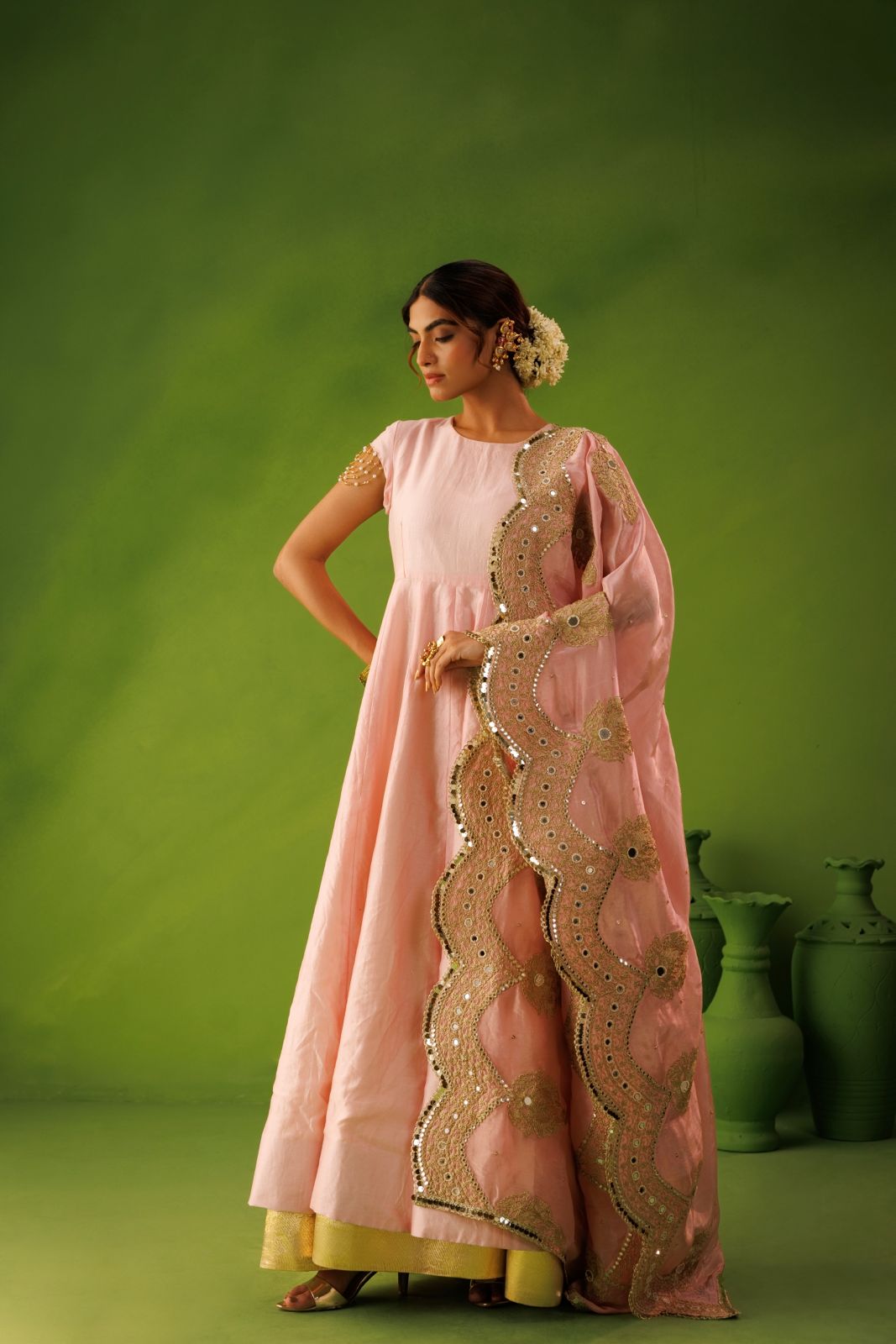 Ivory and Baby Pink Reversable Anarkali Set