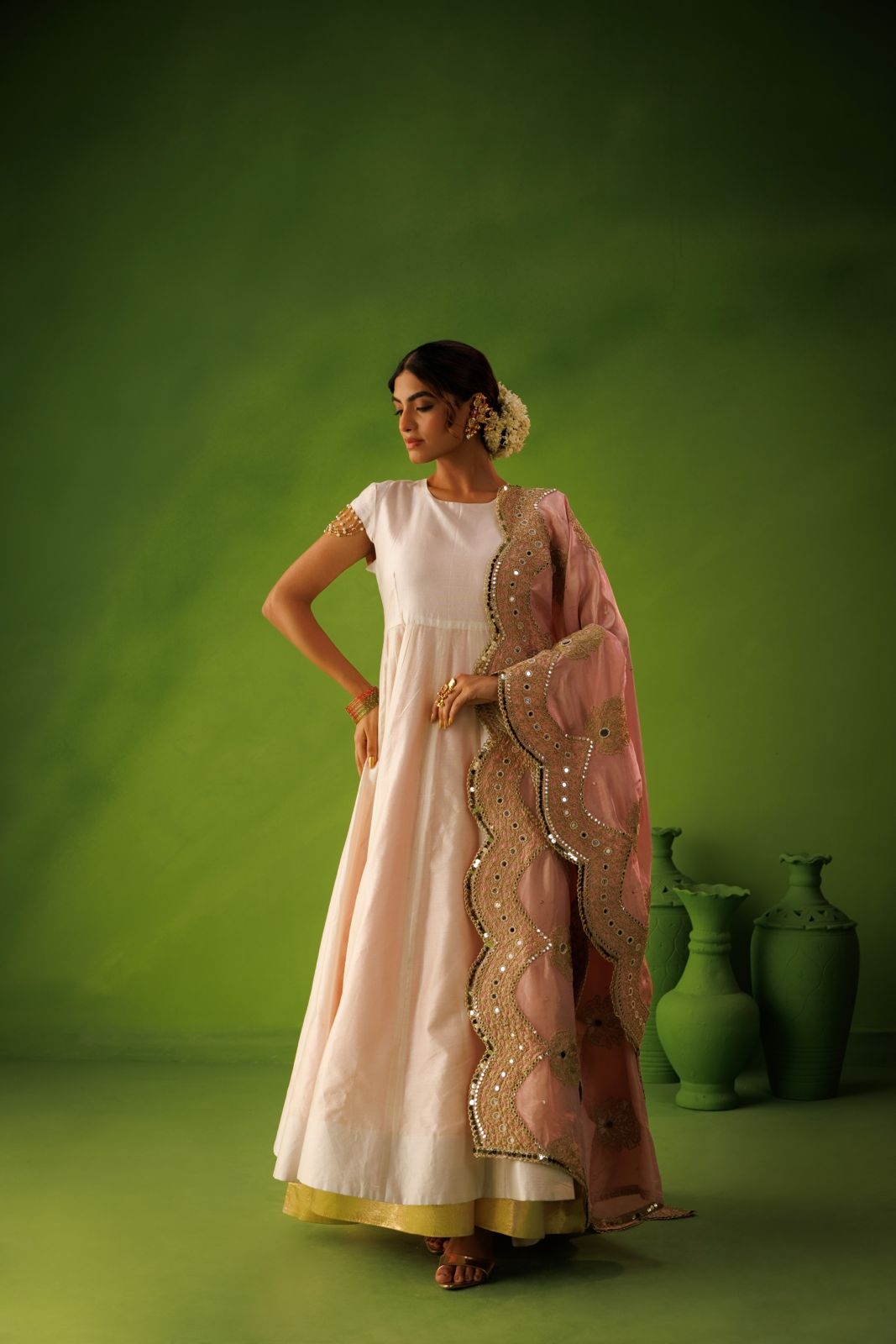 Ivory and Baby Pink Reversable Anarkali Set