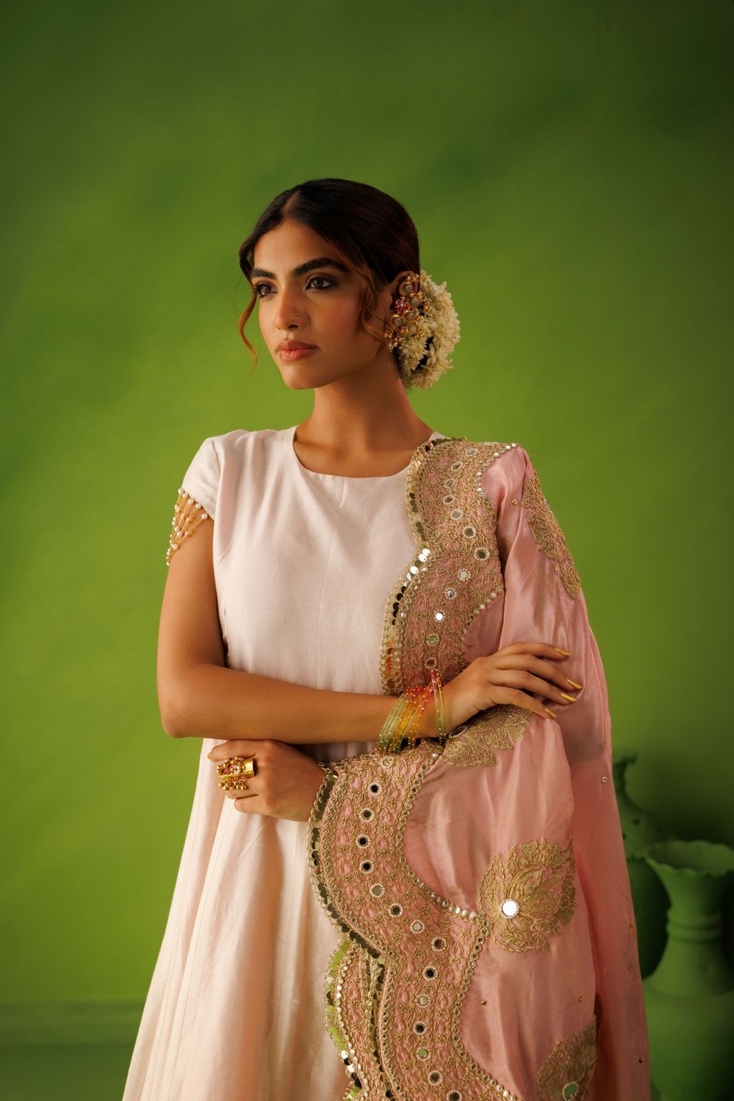Ivory and Baby Pink Reversable Anarkali Set