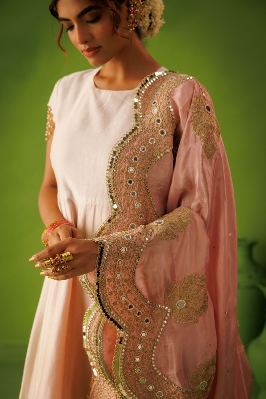 Ivory and Baby Pink Reversable Anarkali Set
