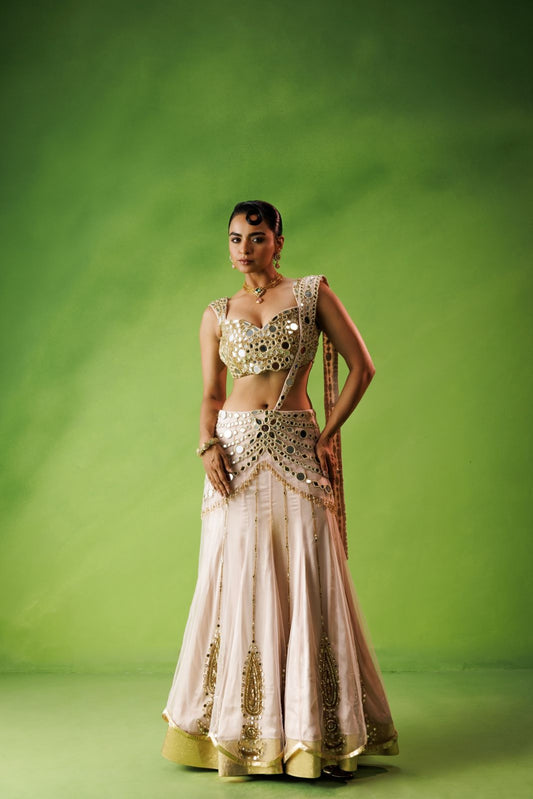 Baby Pink Mirror Work Net Saree Set