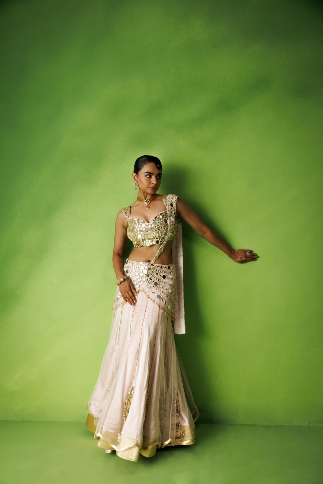 Baby Pink Mirror Work Net Saree Set