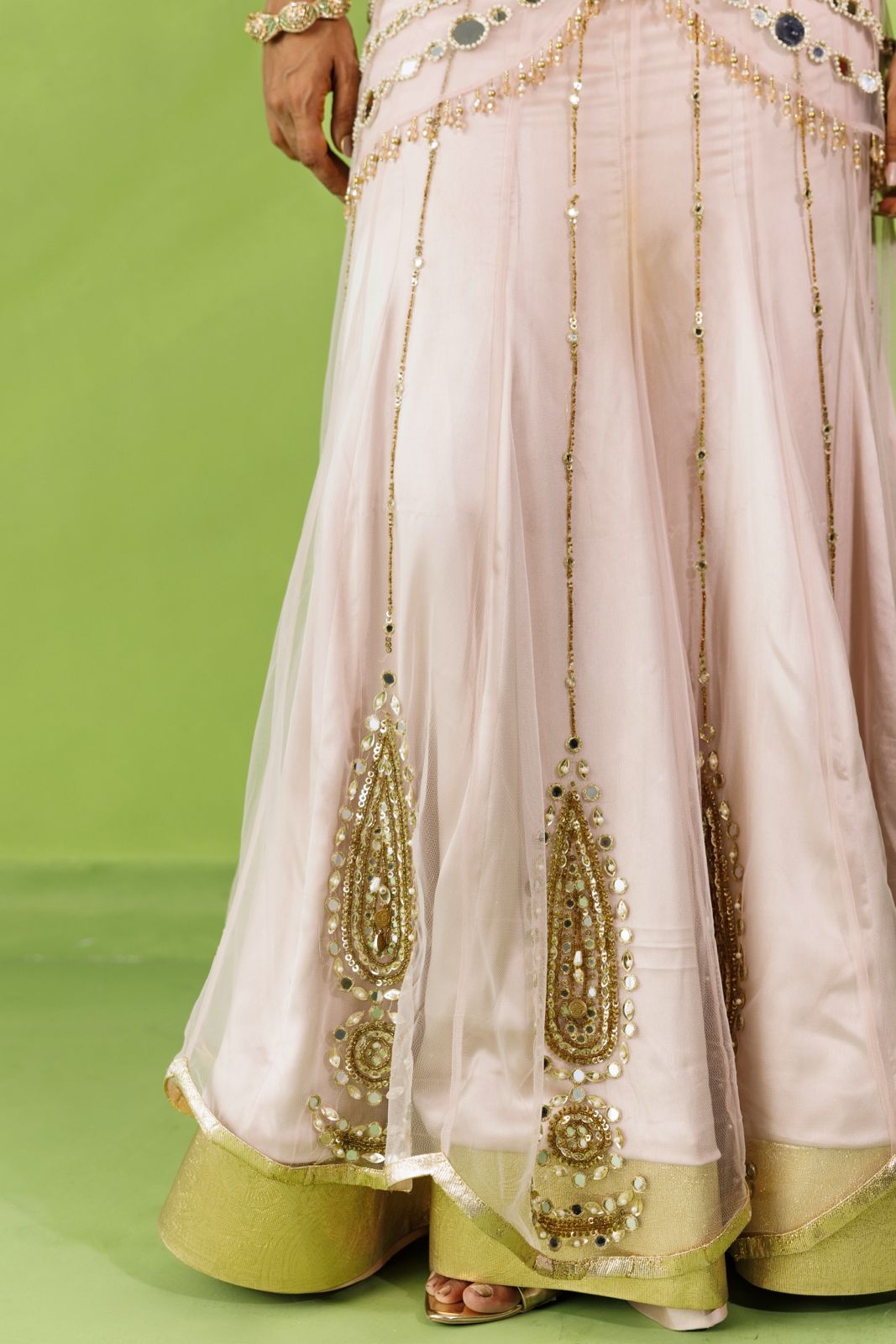 Baby Pink Mirror Work Net Saree Set