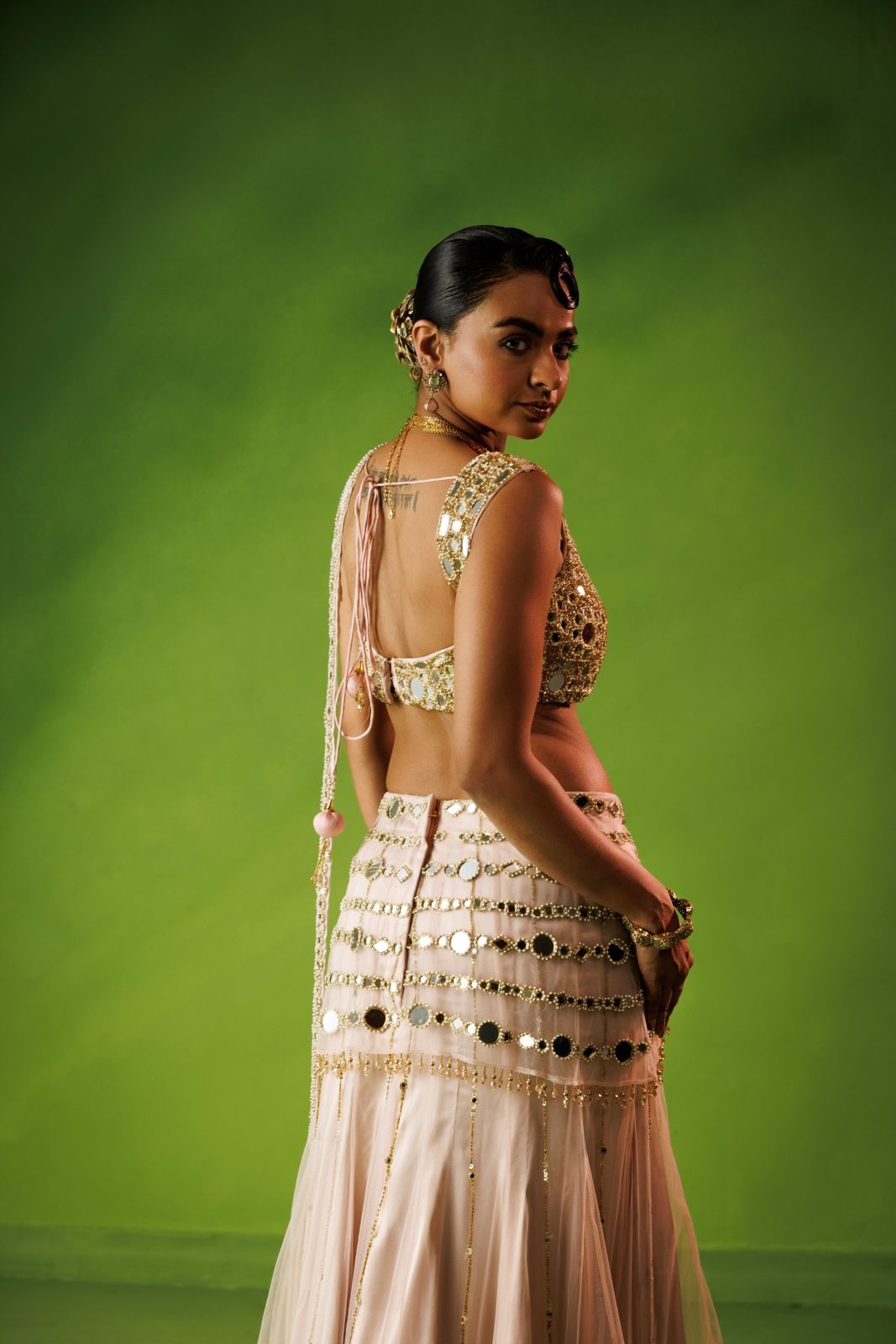 Baby Pink Mirror Work Net Saree Set