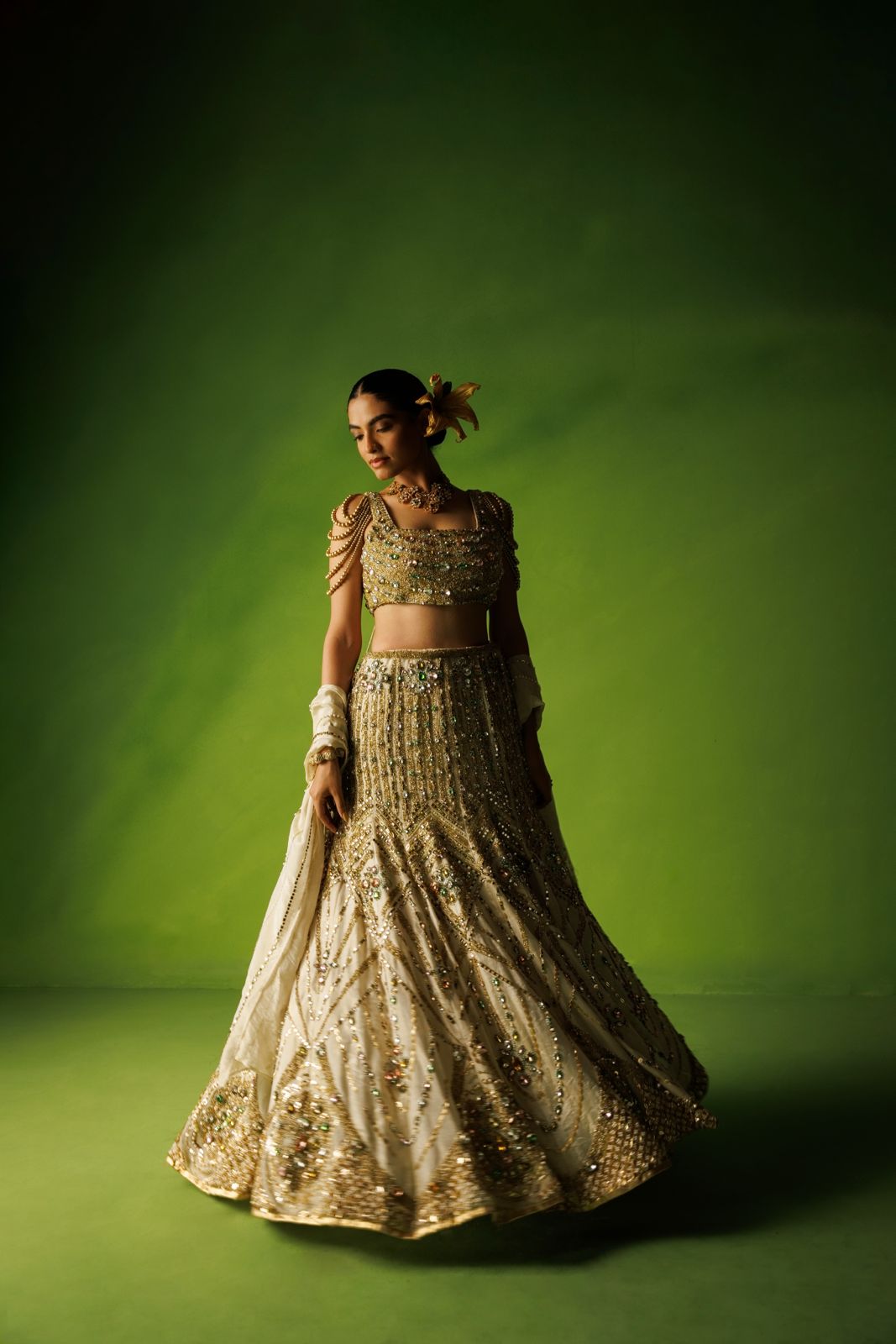 Tissue silk stone embellished fishtail lehenga set
