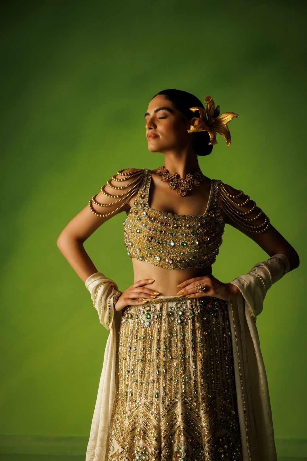 Tissue silk stone embellished fishtail lehenga set
