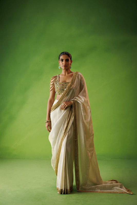 Beige tissue stone embelliished saree set