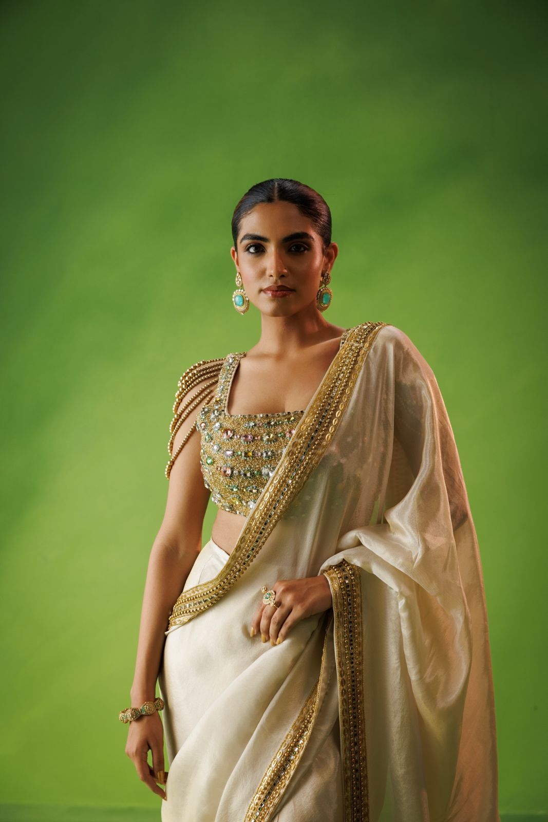 Beige tissue stone embelliished saree set