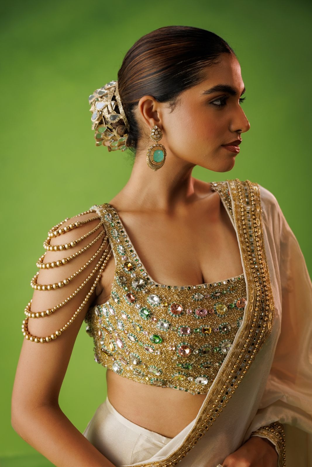 Beige tissue stone embelliished saree set