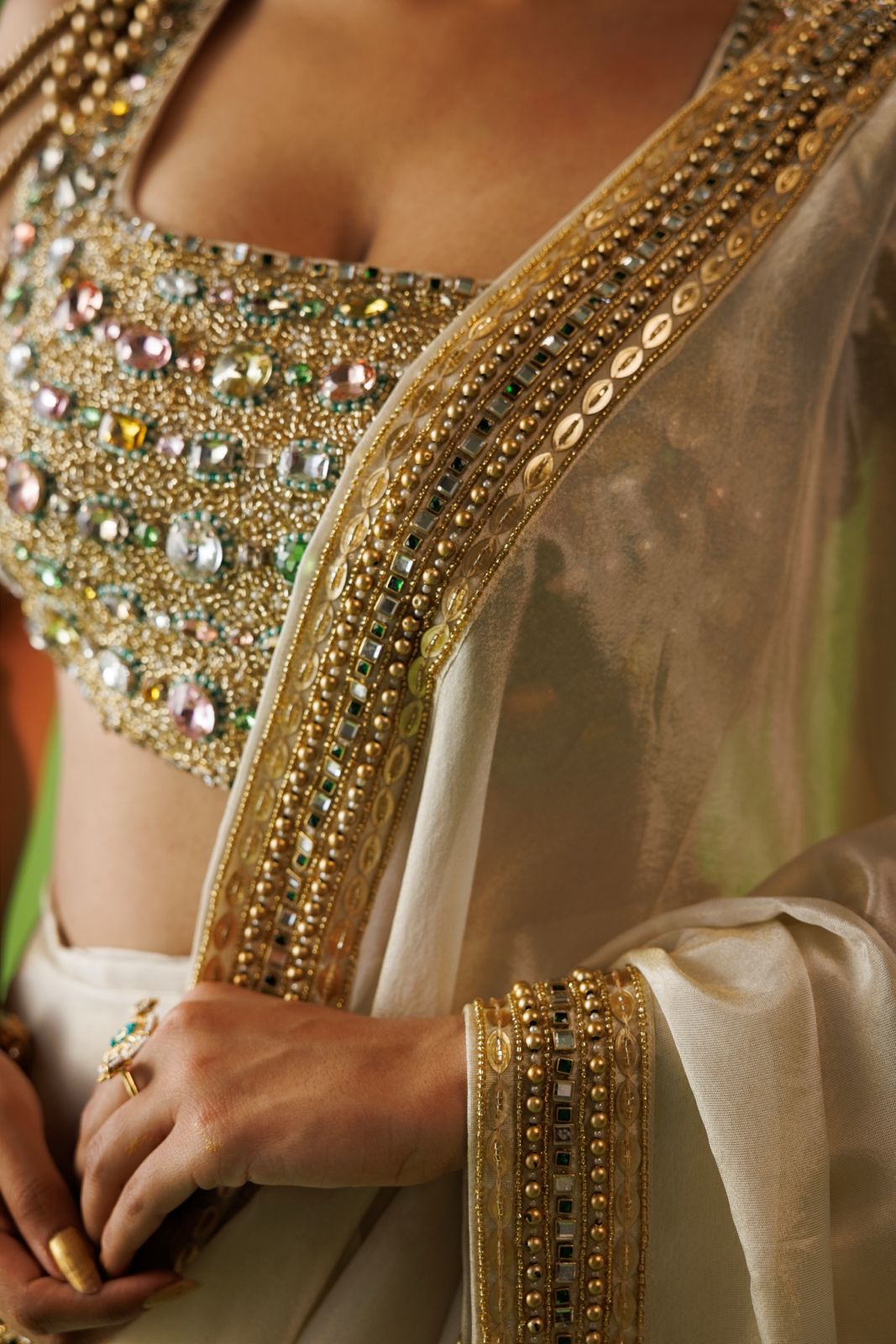Beige tissue stone embelliished saree set