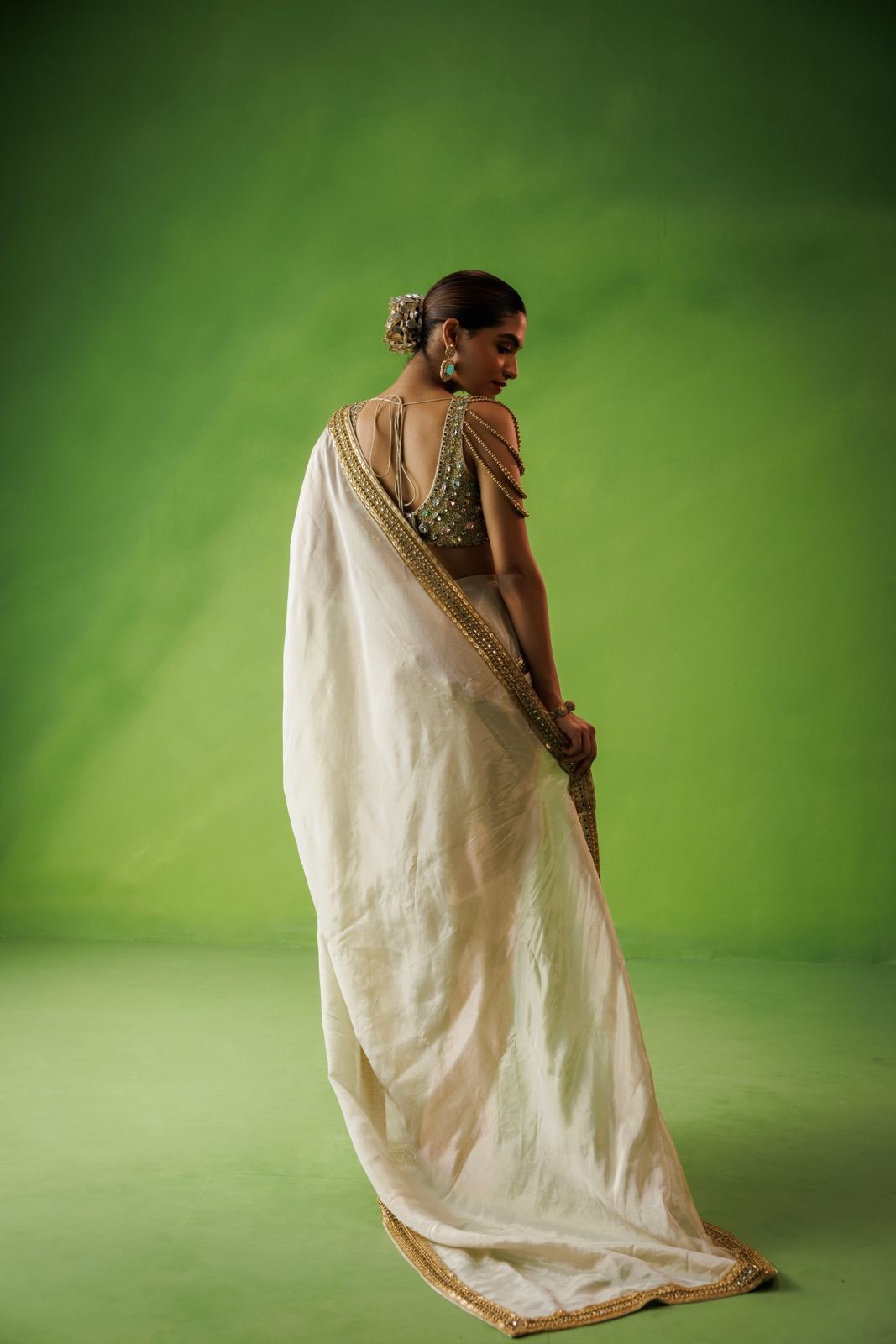 Beige tissue stone embelliished saree set