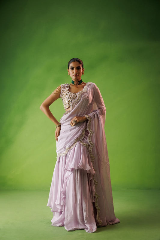 Lavender ruffle saree set