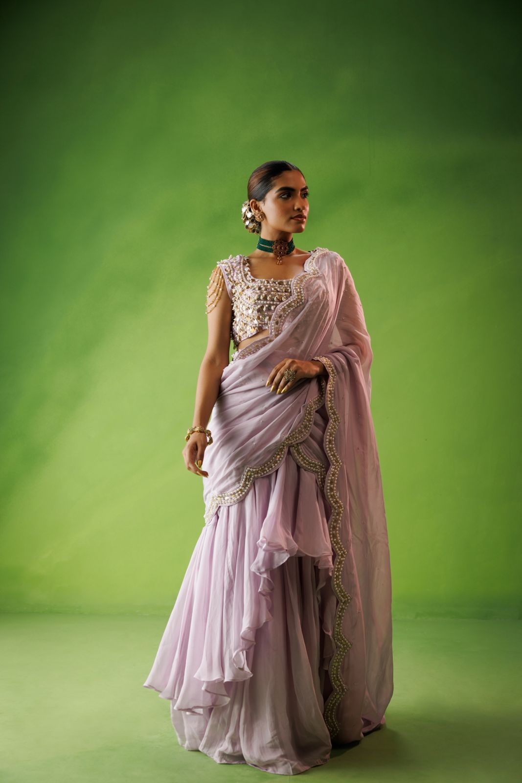 Lavender ruffle saree set