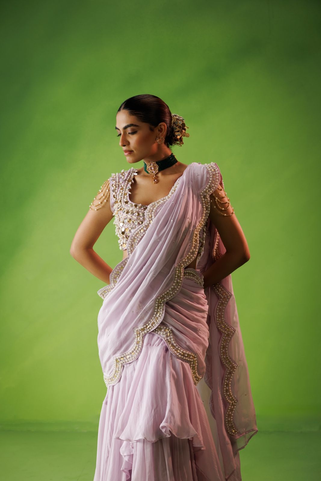 Lavender ruffle saree set