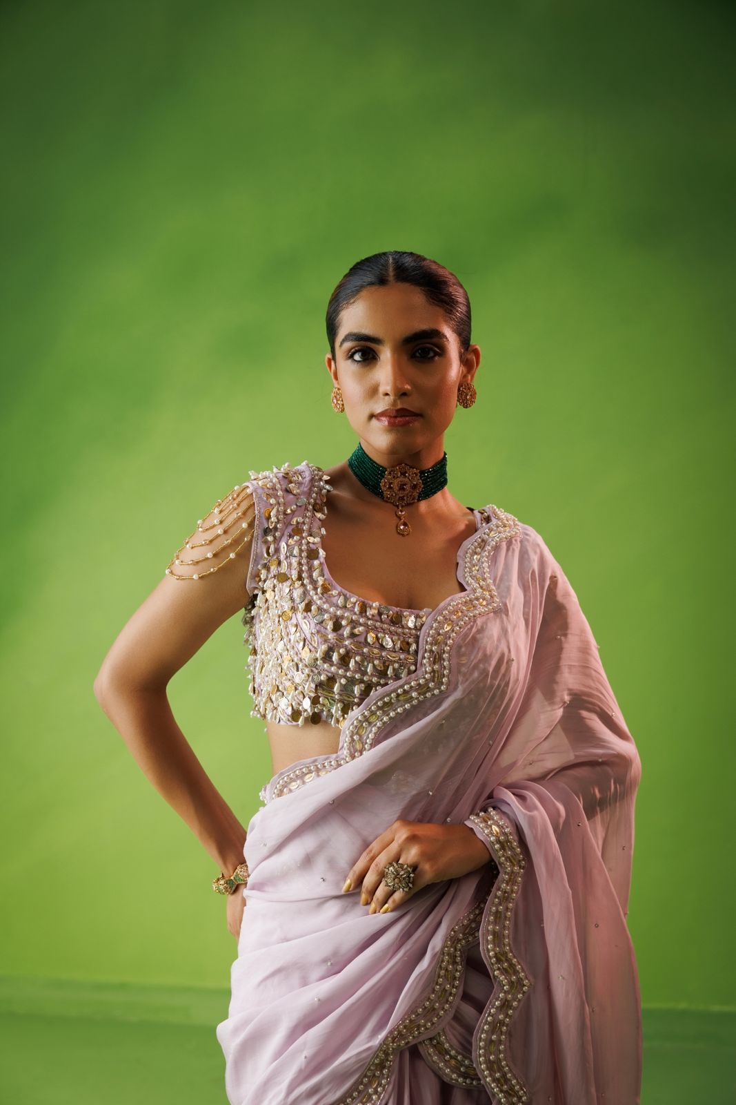 Lavender ruffle saree set