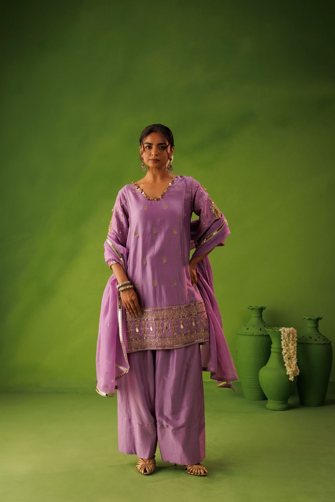 Purple A-line mirror work farshi salwar set