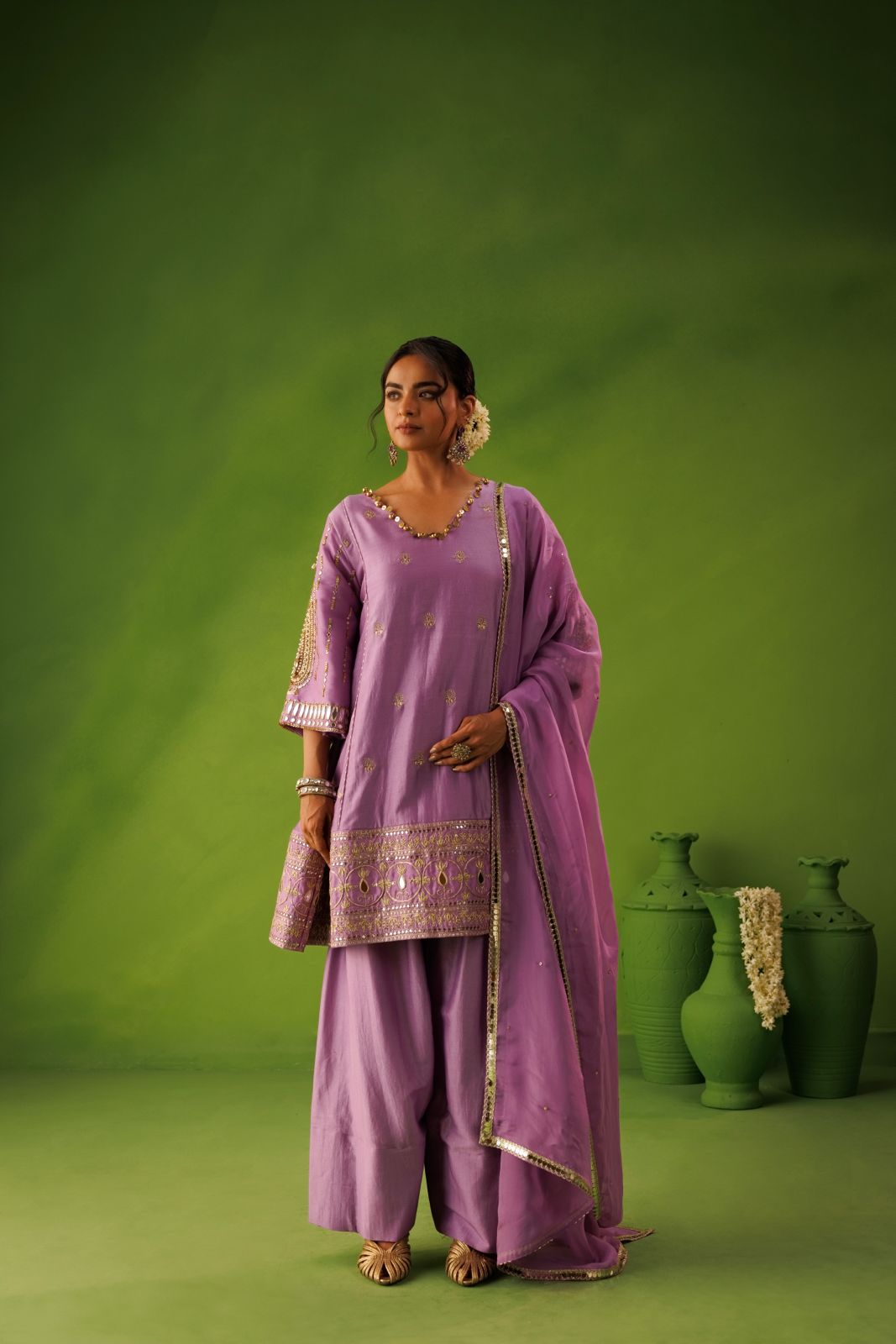 Purple A-line mirror work farshi salwar set