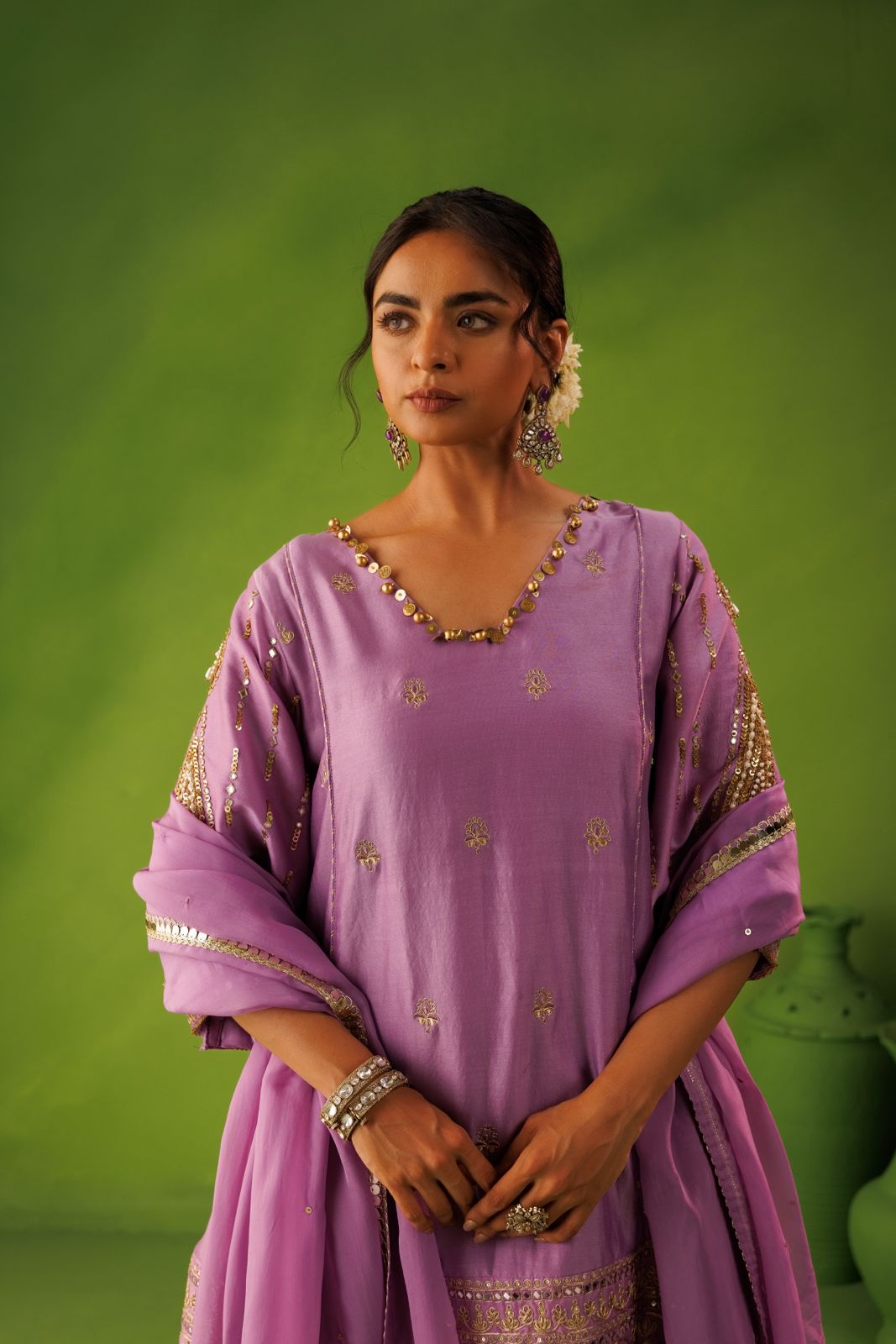 Purple A-line mirror work farshi salwar set