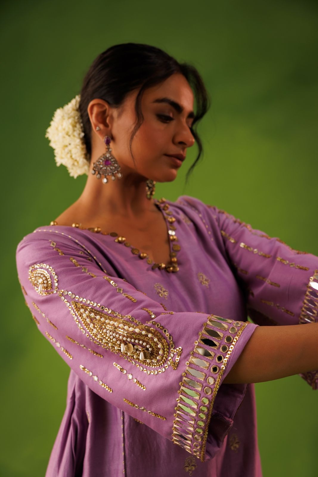 Purple A-line mirror work farshi salwar set