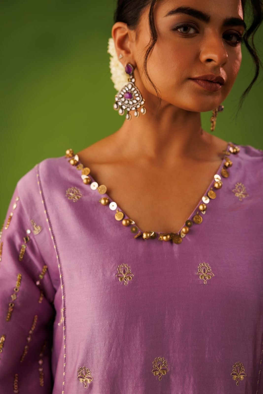 Purple A-line mirror work farshi salwar set