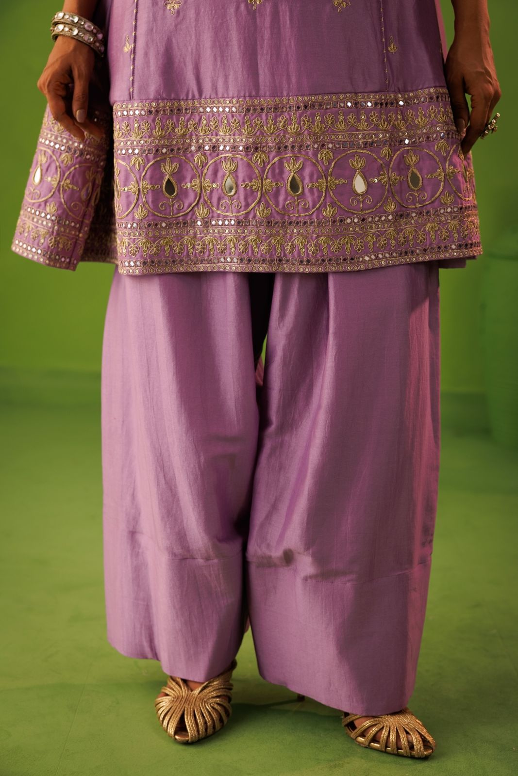 Purple A-line mirror work farshi salwar set