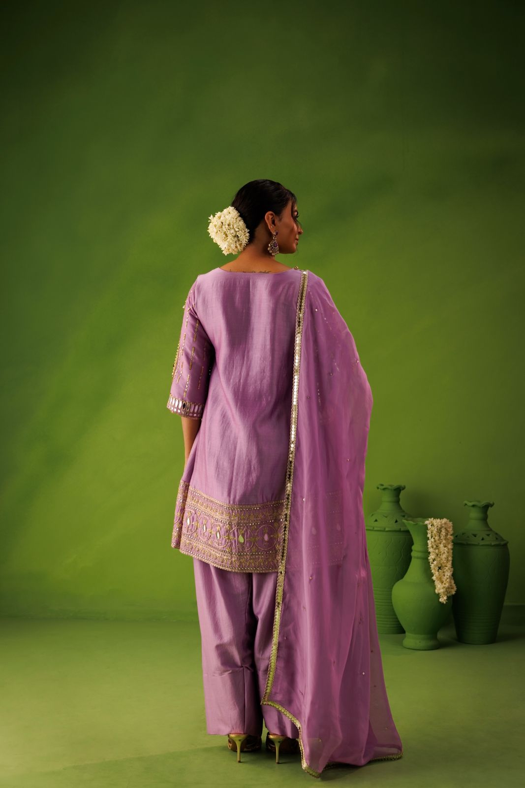 Purple A-line mirror work farshi salwar set