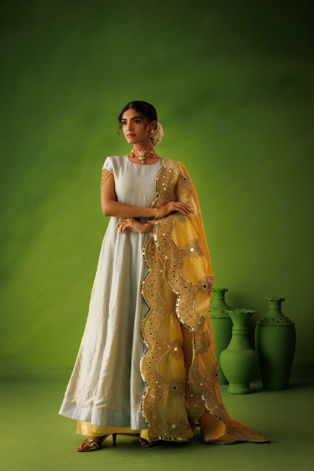 Powder Blue and Yellow Reversable Anarkali Set With Yellow Dupatta