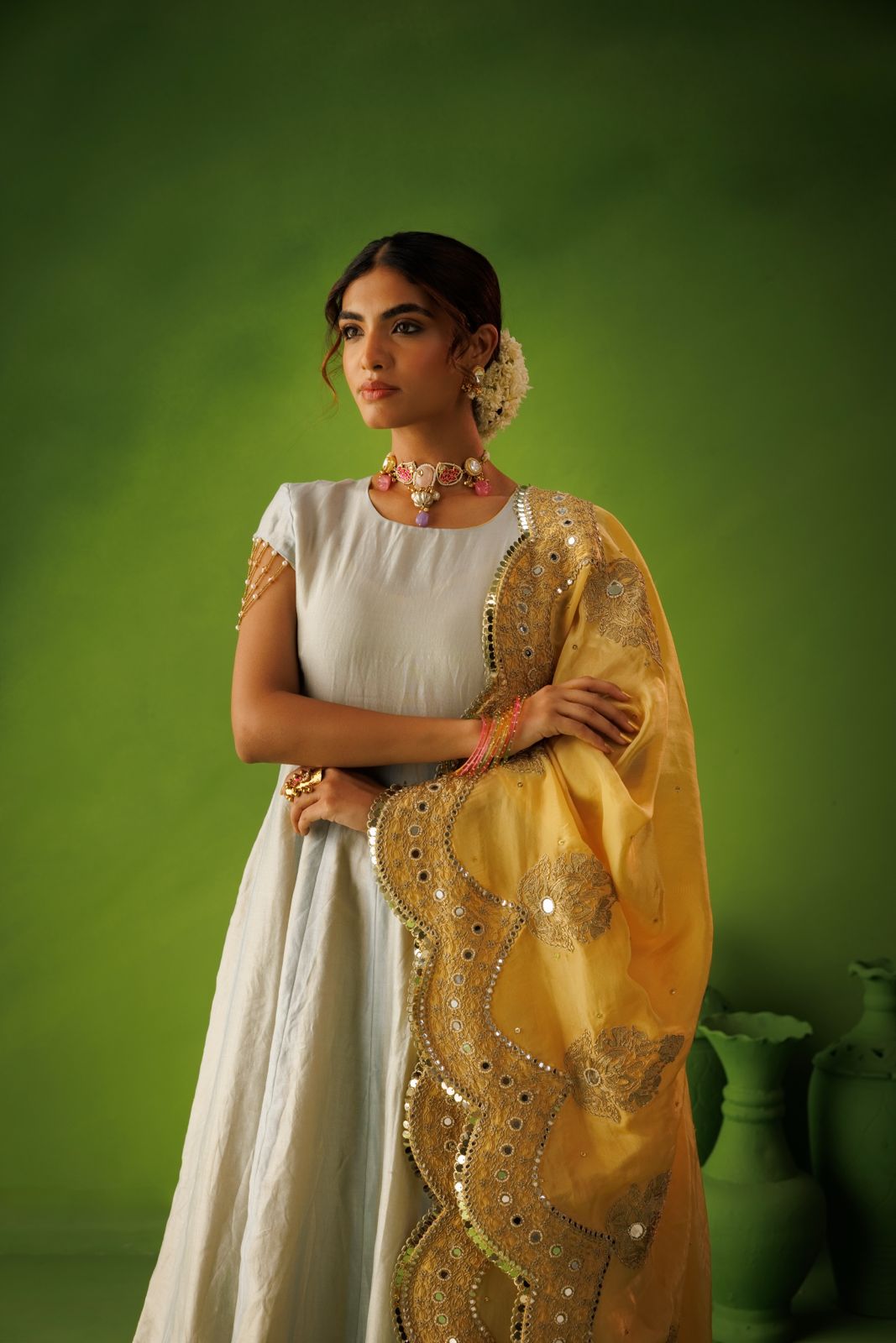Powder Blue and Yellow Reversable Anarkali Set With Yellow Dupatta