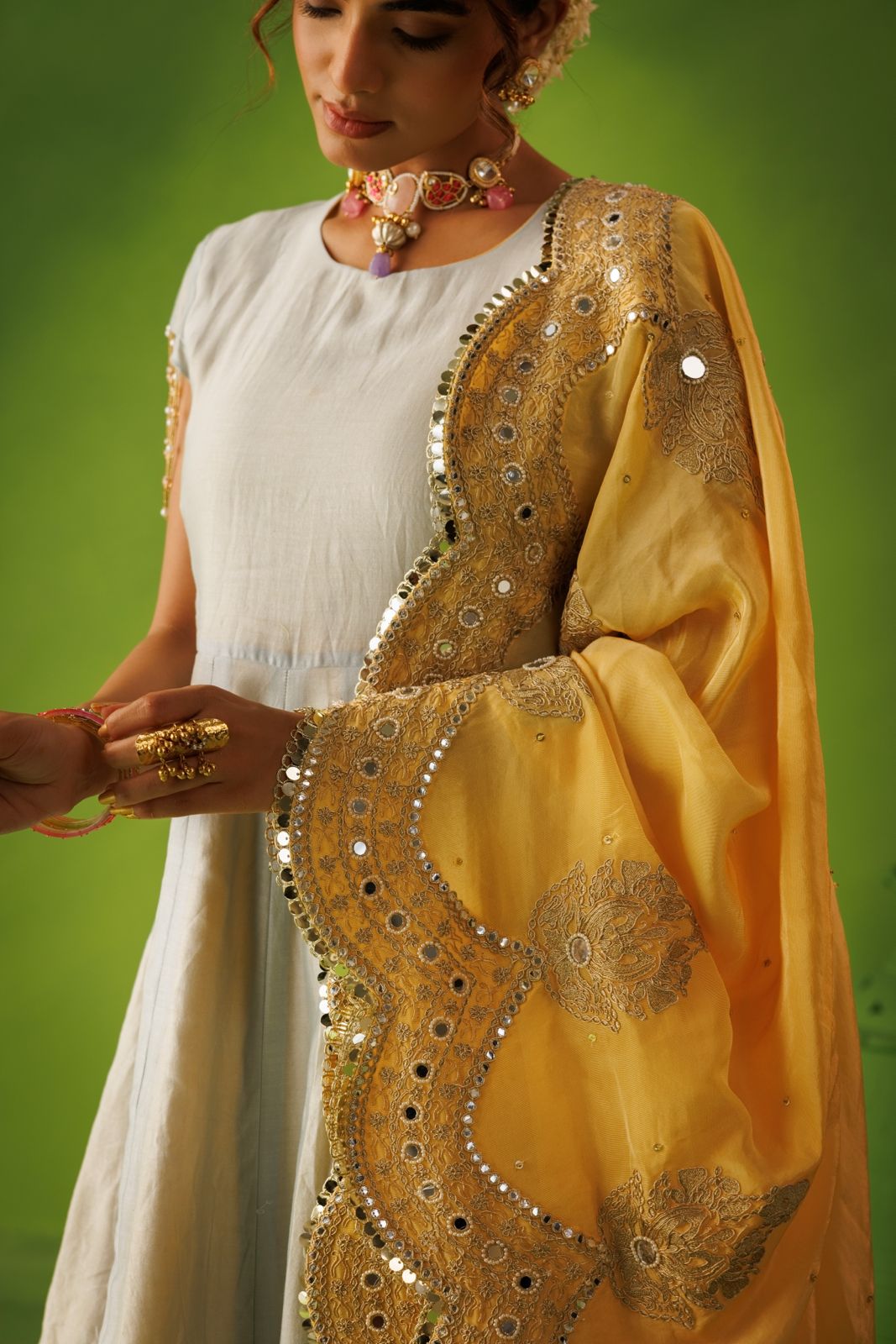 Powder Blue and Yellow Reversable Anarkali Set With Yellow Dupatta