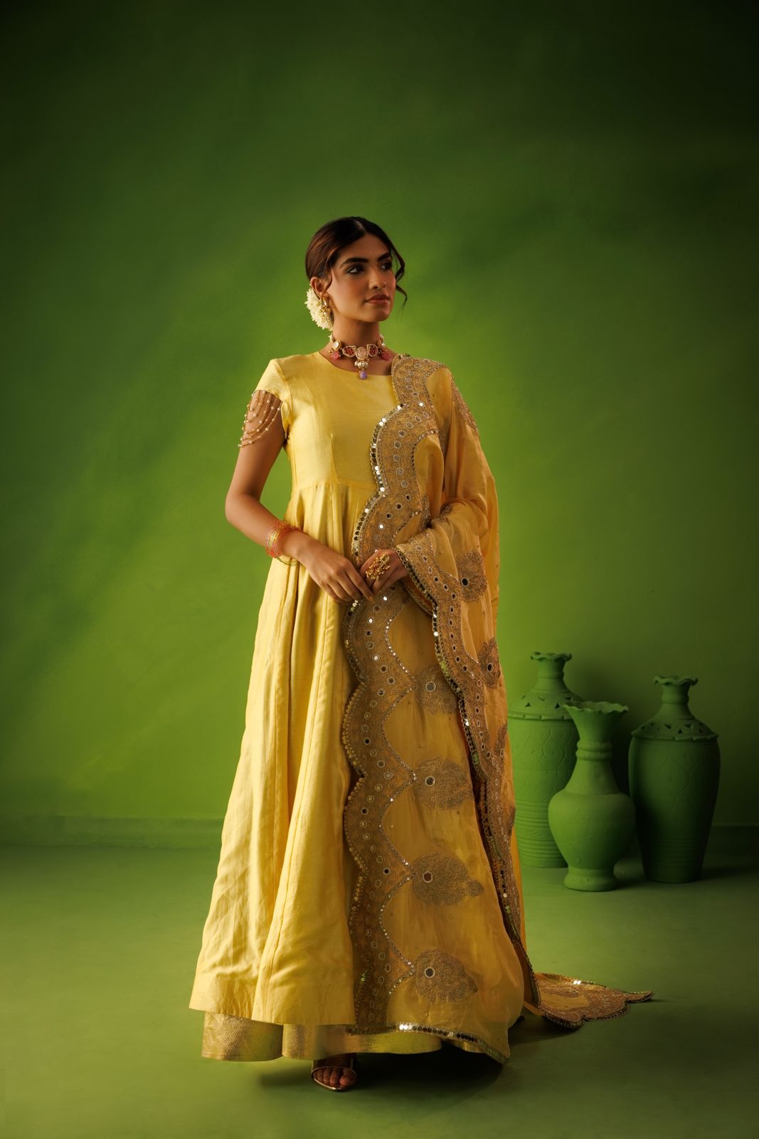 Powder Blue and Yellow Reversable Anarkali Set With Yellow Dupatta
